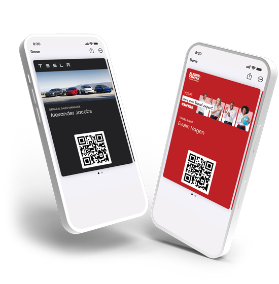 2 digital business card designs shown inside Apple Wallet on a smartphone