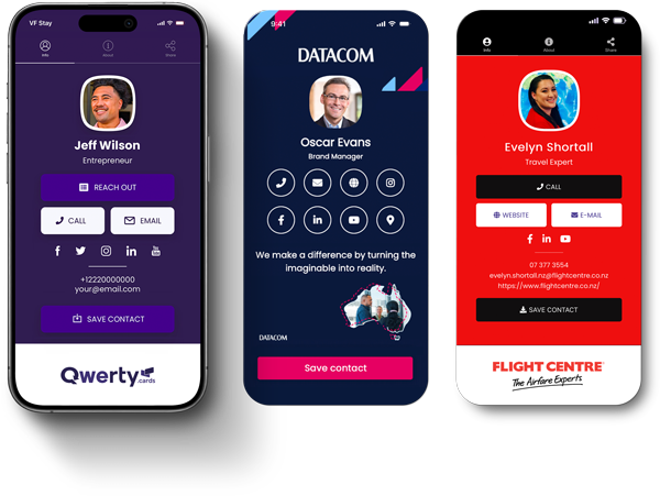 Examples of personalised Qwerty digital business cards on smartphone screens