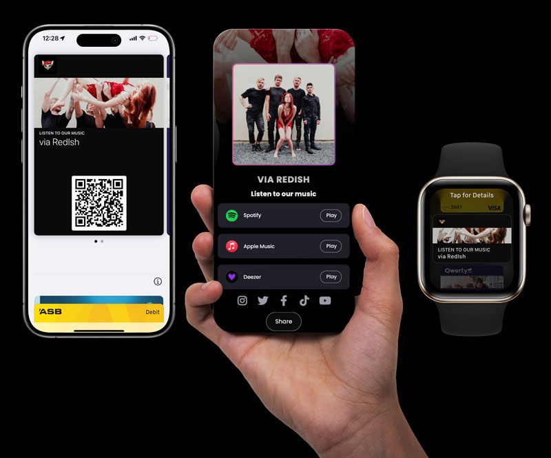 Hand holding a smartphone displaying a music link alongside another phone with QR code and a smartwatch.